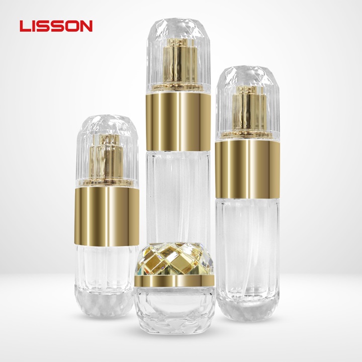 Luxury Glass Cosmetic Bottles with Gold Trim Luxury Glass Cosmetic Bottles with Gold Trim